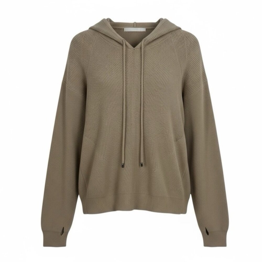 One Grey Day Knit Hoodie Sweater Size Small Pullover Tan Beige Ribbed Buckle
